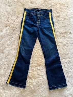 Veronica Beard Dark Blue Flare Jeans with Yellow Side Stripe